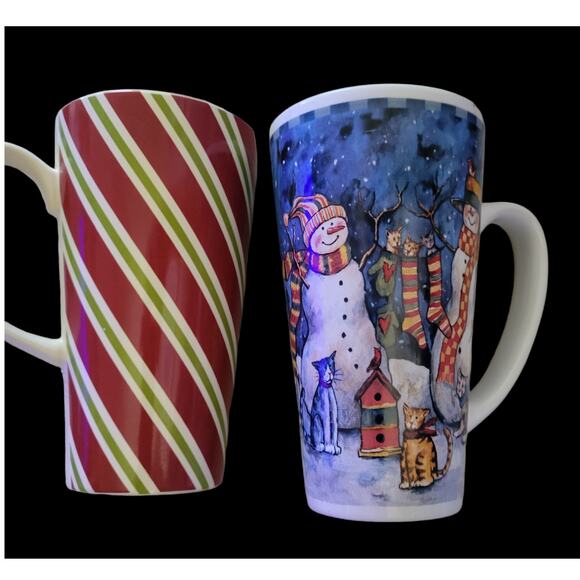 Christmas Coffee Cups Set of Two One has Snowman and One candy cane striped - Picture 4 of 10